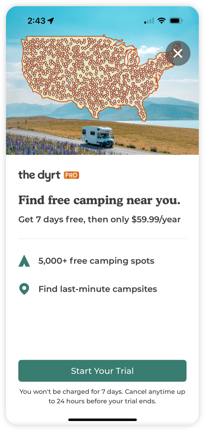 The Dyrt Free Camping Upsell