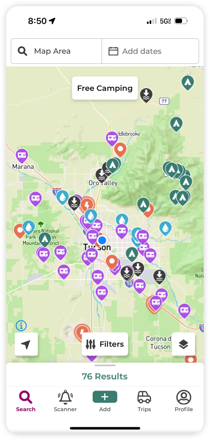 The Dyrt Map Non-PRO